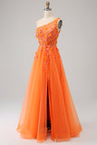 Orange One Shoulder A-linje Tyll Lång Balklänning med Applikationer