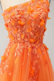 Orange One Shoulder A-linje Tyll Lång Balklänning med Applikationer