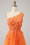 Orange One Shoulder A-linje Tyll Lång Balklänning med Applikationer