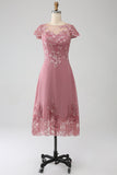 Dusty Rose A-Line Scoop Illusion Tea-Length Klänning för brudens mor med paljetter