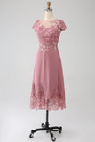Dusty Rose A-Line Scoop Illusion Tea-Length Klänning för brudens mor med paljetter