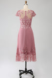 Dusty Rose A-Line Scoop Illusion Tea-Length Klänning för brudens mor med paljetter