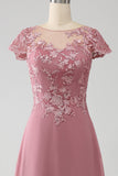 Dusty Rose A-Line Scoop Illusion Tea-Length Klänning för brudens mor med paljetter