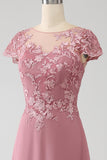 Dusty Rose A-Line Scoop Illusion Tea-Length Klänning för brudens mor med paljetter
