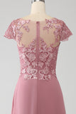 Dusty Rose A-Line Scoop Illusion Tea-Length Klänning för brudens mor med paljetter