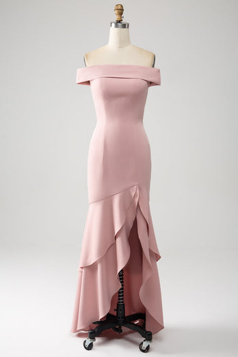 Rosa sjöjungfru asymmetrisk volang klänning för brudens mor