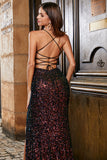 Glittrande Svart Spaghetti Straps Paljetter Mermaid Prom Klänning med slits