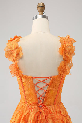 Orange A-linje Blommig Spets Lång Balklänning