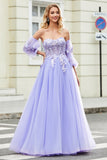 Underbar A Line Off The Shoulder Lavendel Korsett Balklänning med applikationer