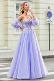 Underbar A Line Off The Shoulder Lavendel Korsett Balklänning med applikationer