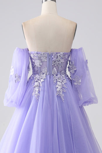 Lavendel A-linje Axelbandslös Tyll Lång Balklänning med ärmar