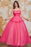 Princess A Line Spaghetti Straps Fuchsia Lång Balklänning med Volanger