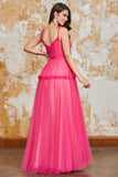 Princess A Line Spaghetti Straps Fuchsia Lång Balklänning med Volanger