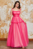 Princess A Line Spaghetti Straps Fuchsia Lång Balklänning med Volanger
