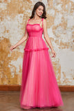 Princess A Line Spaghetti Straps Fuchsia Lång Balklänning med Volanger