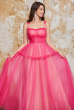 Princess A Line Spaghetti Straps Fuchsia Lång Balklänning med Volanger