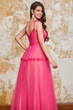 Princess A Line Spaghetti Straps Fuchsia Lång Balklänning med Volanger
