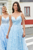 Charmig A Line Spaghetti Straps Himmelsblå Lång Balklänning med Split Front