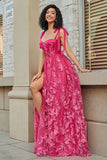Spaghetti Straps Hot Pink A-Line Lång Balklänning med slits