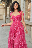 Spaghetti Straps Hot Pink A-Line Lång Balklänning med slits