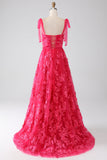 A-linje Spaghetti Remmar Fuchsia Lång Balklänning med Slits