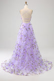 Lila A-linje Spaghetti Straps Lång Balklänning med 3D-blommor