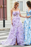 Underbar A Line Spaghetti Straps Lila Lång Balklänning med 3D-blommor