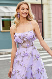 Underbar A Line Spaghetti Straps Lila Lång Balklänning med 3D-blommor