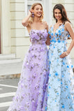 Underbar A Line Spaghetti Straps Lila Lång Balklänning med 3D-blommor