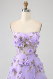 Lila A-linje Spaghetti Straps Lång Balklänning med 3D-blommor