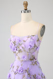 Lila A-linje Spaghetti Straps Lång Balklänning med 3D-blommor