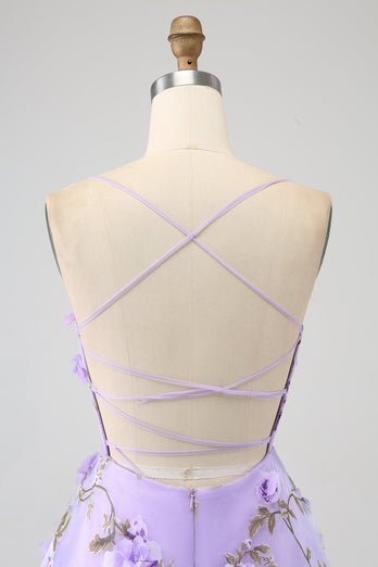 Lila A-linje Spaghetti Straps Lång Balklänning med 3D-blommor