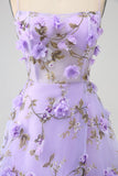 Lila A-linje Spaghetti Straps Lång Balklänning med 3D-blommor