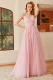 Glitter Rosa Lace-Up Ruched Lång Balklänning