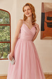 Glitter Rosa Lace-Up Ruched Lång Balklänning