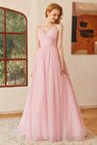Glitter Rosa Lace-Up Ruched Lång Balklänning