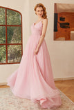 Glitter Rosa Lace-Up Ruched Lång Balklänning