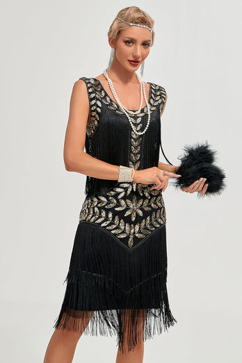 Svart Gatsby 1920-tals Flapper-klänning med paljetter och fransar
