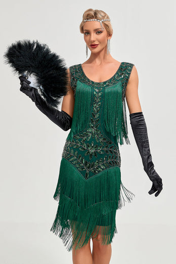 Svart Gatsby 1920-tals Flapper-klänning med paljetter och fransar