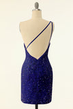 Royalblå One Shoulder Paljett Tight Cocktailklänning
