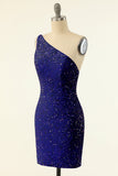 Royalblå One Shoulder Paljett Tight Cocktailklänning