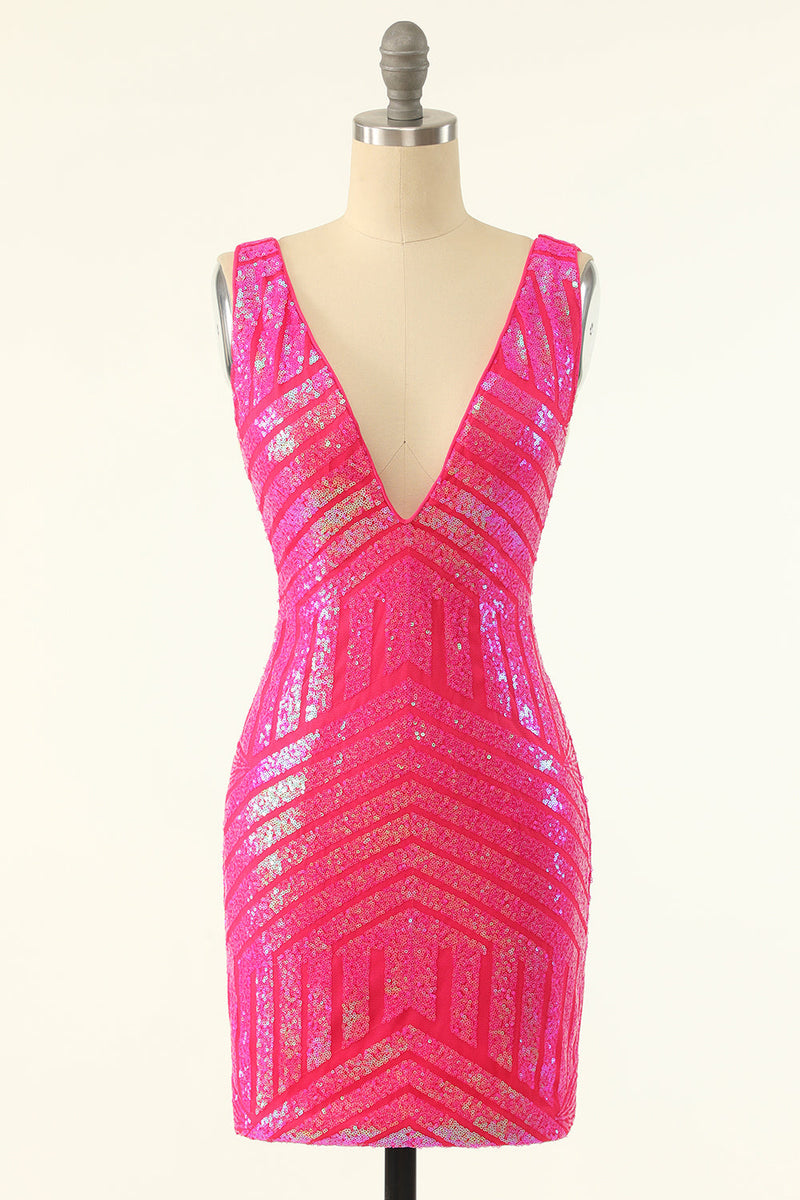 Load image into Gallery viewer, Fuchsia Paljett V-Ringaning Cocktailklänning