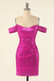 Fuchsia Off-shoulder Paljett Festklänning