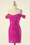 Fuchsia Off-shoulder Paljett Festklänning