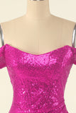 Fuchsia Off-shoulder Paljett Festklänning