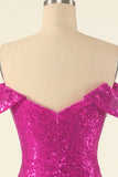 Fuchsia Off-shoulder Paljett Festklänning
