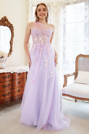 En Line One Shoulder Purple Plus Size Bal Klänning med applikationer