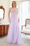 En Line One Shoulder Purple Plus Size Bal Klänning med applikationer