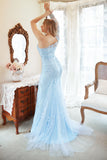 Mermaid One Shoulder Sky Blue Plus Size Bal Klänning med applikationer