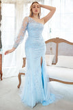 Mermaid One Shoulder Sky Blue Plus Size Bal Klänning med applikationer